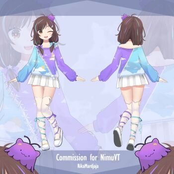 1girl blob brown_eyes brown_hair centi_(nimu) hair_ornament indie_virtual_youtuber low_twintails multicolored_hair nimu_(vtuber) nimu_(vtuber)_(2nd_costume) off-shoulder_shirt off_shoulder official_art one_eye_closed open_mouth shirt short_hair skirt smile star_(symbol) star_hair_ornament streaked_hair thighhighs twintails virtual_youtuber white_skirt white_thighhighs