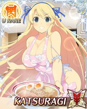 Rule 34 | 1girl, apron, blonde hair, blue ribbon, border, breasts, card (medium), char-siu, character name, cleavage, food, food print, game cg, green eyes, grin, groin, hair ribbon, kamaboko, katsuragi (senran kagura), large breasts, leaning forward, long hair, naked apron, narutomaki, noodles, official art, pink apron, ramen, ribbon, senran kagura, senran kagura new wave, serving, shirt, smile, softboiled egg, solo, third-party source, torn clothes, torn shirt, very long hair