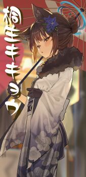 1girl absurdres alternate_costume alternate_hairstyle animal_ear_fluff animal_ears black_eyes black_gloves black_hair blue_archive blue_halo blush cat_ears cat_girl commentary_request floral_print floral_print_kimono flower fur-trimmed_kimono fur_trim gloves hair_bun hair_flower hair_ornament halo highres holding holding_umbrella japanese_clothes kikyou_(blue_archive) kimono kureyon93 looking_at_viewer multicolored_kimono open_mouth print_kimono purple_flower purple_kimono red_umbrella solo umbrella white_kimono