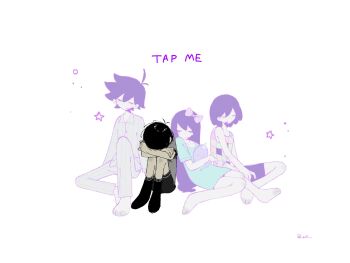 Rule 34 | 1girl, 3boys, antenna hair, aubrey (headspace) (omori), aubrey (omori), barefoot, black hair, blue shirt, bow, brothers, checkered clothes, closed eyes, closed mouth, collared pajamas, commentary, crossed arms, double-parted bangs, english commentary, hair between eyes, hair bow, hero (headspace) (omori), hero (omori), highres, holding, holding stuffed toy, kel (headspace) (omori), kel (omori), knees up, long shirt, long sleeves, meme, mr. plantegg (omori), multiple boys, nill (nill), omori, open mouth, pajamas, pants, pink bow, purple hair, purple shorts, shirt, short hair, short sleeves, shorts, siblings, simple background, sitting, striped clothes, striped pajamas, striped pants, stuffed animal, stuffed eggplant, stuffed toy, sunny (omori), t-shirt, tank top, tap me (meme), twitter username, vertical-striped clothes, vertical-striped pajamas, vertical-striped pants, white background, white pajamas, white pants