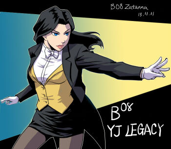 1girl black_hair black_pantyhose black_skirt blue_eyes bow bowtie coattails copyright_name dc_comics female_focus gloves jacket magician miniskirt pantyhose riyan riyancyy skirt solo vest waistcoat white_bow white_bowtie white_gloves young_justice young_justice:_invasion zatanna_zatara