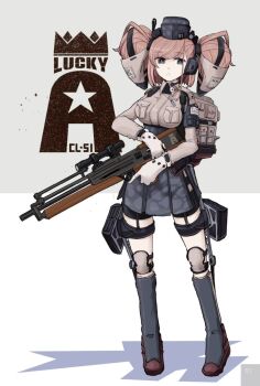 1girl adapted_costume atlanta_(kancolle) backpack bag boushi-ya breast_pocket brown_hair brown_shirt camouflage collared_shirt commentary_request full_body gloves grey_eyes grey_skirt highres kantai_collection knee_pads long_hair partially_fingerless_gloves pocket shirt skirt solo suspender_skirt suspenders tactical_clothed two_side_up weapon_request white_gloves