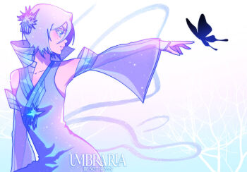 Rule 34 | 1girl, artist name, bleach, bleach: sennen kessen-hen, blue dress, blue eyes, breasts, bug, butterfly, commentary, detached sleeves, dress, english commentary, hair ornament, hakka no togame (bankai), highres, insect, kuchiki rukia, reaching, see-through clothes, see-through sleeves, short hair, small breasts, smile, solo, umbra (edits umbra), watermark, white hair, wide sleeves