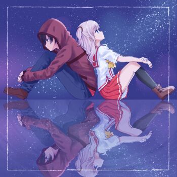 1boy 1girl back-to-back black_socks blue_eyes bow brown_eyes brown_footwear brown_hair brown_jacket charlotte_(anime) closed_mouth commentary_request denim framed from_side frown full_body grey_hair hair_between_eyes hetero highres hood hood_up hooded_jacket hoshinoumi_academy_school_uniform hugging_own_legs jacket jeans knees_up leg_up long_hair long_sleeves looking_down miniskirt night noritama_(noritamago) otosaka_yuu outdoors pants pleated_skirt profile red_sailor_collar red_skirt reflective_floor sailor_collar school_uniform shirt short_hair short_sleeves sidelocks sitting skirt sky socks star_(sky) starry_sky tomori_nao two_side_up wavy_hair white_shirt yellow_bow