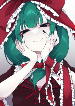 Rule 34 | 1girl, absurdres, black eyes, black nails, bow, closed mouth, commentary request, cross-laced clothes, empty eyes, front ponytail, green hair, hair bow, hair ribbon, highres, kagiyama hina, looking at viewer, red bow, red ribbon, ribbon, smile, solo, touhou, upper body, variant set, yami nabe