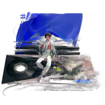 1boy absurdres arknights arm_rest asymmetrical_jacket barcode black_hair body_writing bodypaint bright_pupils cable cassette_tape character_name closed_mouth collarbone dark-skinned_male dark_skin earrings elbow_gloves fingerless_gloves full_body gloves grey_gloves highres jacket jewelry latin_text looking_at_viewer messy_hair muscular muscular_male official_alternate_costume official_art open_clothes open_jacket orange_eyes outdoors pants pixel_art plant prosthesis prosthetic_arm ring sail scar scar_on_chest shoes short_hair shuiyaoximushi single_glove sitting socks solo spanish_text splashing third-party_source thorns_(arknights) thorns_the_lodestar_(arknights) thorns_the_lodestar_(boundless_sail)_(arknights) transparent_background water white_jacket white_pants white_pupils white_shoes white_socks wire