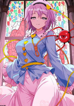 1girl aged_up black_hairband blue_shirt breasts buttons closed_mouth collared_shirt commentary_request eyeball frilled_shirt_collar frilled_sleeves frills groin hair_ornament hairband heart heart_button heart_hair_ornament highres komeiji_satori long_sleeves looking_at_viewer mist9801km pink_eyes pink_hair pink_skirt print_skirt ribbon-trimmed_collar ribbon_trim shirt skirt smile solo stained_glass third_eye touhou wide_sleeves