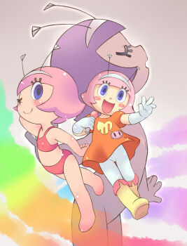 1girl antenna arm_behind_head arm_up athena_(robby_to_kerobby) barefoot bikini blue_eyes blush boots closed_eyes dress flat_chest floating gloves grey_background hairband holding holding_microphone loli looking_at_viewer microphone multiple_views nude one_eye_closed open_mouth orange_dress pantyhose pink_hair puffy_sleeves rainbow red_bikini robby_to_kerobby short_hair short_sleeves smile standing swimsuit white_gloves white_pantyhose wind wind_lift wink yamanokonza yellow_boots