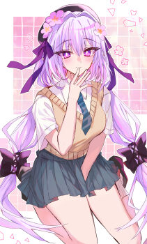 1girl beret between_legs black_hat black_shoes blue_necktie bow breasts castorice_(honkai:_star_rail) closed_mouth collared_shirt commentary_request diagonal-striped_clothes diagonal-striped_necktie flower grey_skirt grid_background hair_between_eyes hair_bow hair_flower hair_intakes hair_ornament hand_between_legs hat highres honkai:_star_rail honkai_(series) kinona long_hair medium_breasts multicolored_hair necktie official_alternate_costume pink_flower pleated_skirt purple_bow purple_eyes purple_hair ribbed_socks school_uniform seiza shirt shoes short_sleeves sitting skirt smile socks solo striped_clothes sweater_vest two-tone_hair very_long_hair wariza white_shirt white_socks