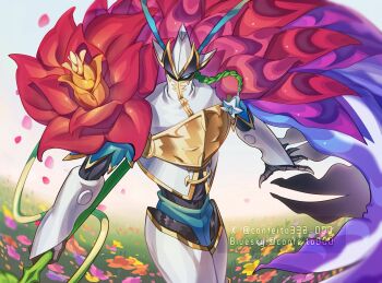Rule 34 | armor, bloomlordmon, blue cape, blue eyes, cape, commentary, confeito000 333, cowboy shot, digimon, digimon (creature), highres, holding, holding weapon, knight, purple cape, red cape, solo, twitter username, untranslatable commentary, weapon, white armor