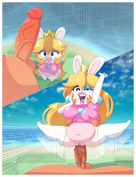 1boy 1girl absurdres belly blonde_hair breasts clothed_female_nude_male clothed_sex crown dangus_llc elbow_gloves erection furry furry_female furry_with_non-furry gloves grabbing_another&#039;s_breast groping hetero highres huge_penis interspecies long_hair lying makeup mario_(series) mario_+_rabbids_sparks_of_hope medium_breasts nintendo nude open_mouth penis pussy rabbid rabbid_peach raving_rabbids scared sex size_difference spread_legs testicles vaginal veins veiny_penis