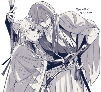 2boys arm_guards black_kimono fate/grand_order fate_(series) greyscale hair_over_shoulder hakama haori haori_on_shoulders harada_sanosuke_(fate) harada_sanosuke_(teal_haori_and_hakama)_(fate) height_difference highres holding holding_polearm holding_weapon japanese_clothes katana kimono long_hair low-cut_armhole low_ponytail monochrome multiple_boys multiple_scars polearm ponytail scar scar_on_arm scar_on_face scar_on_forehead sheath sheathed sleeveless sleeveless_kimono sword toramaru_(696anna) toudou_heisuke_(third_ascension)_(fate) unsheathing weapon white_hakama