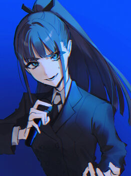 1girl absurdres amaya_tsubame black_necktie black_ribbon blue_hair blue_jacket closed_mouth collared_shirt gakuen_idolmaster hair_ribbon hand_up high_ponytail highres holding holding_microphone idolmaster jacket microphone necktie parted_lips ponytail ribbon shirt sidelocks simple_background smile solo sweat ume_(yuuki-110813) white_shirt