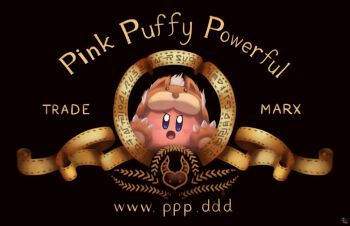 animal_costume animal_ear_headwear animal_ears animal_hands animal_kirby black_background blue_eyes blush_stickers brown_gloves copy_ability determined dog_costume dog_ears fake_animal_ears gloves highres kirby kirby_(series) metro-goldwyn-mayer nintendo no_humans open_mouth parody paw_gloves signature sindo_pink solo suyasuyabi v-shaped_eyebrows void_termina void_termina_(demon_god_form)