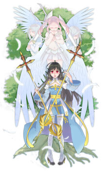 4girls ahoge angel arch_bishop_(ragnarok_online) black_hair black_shoes blue_dress blue_wings breasts cleavage_cutout clothing_cutout commentary_request crosier cross dress dual_wielding falling_feathers feathered_wings feathers fishnet_thighhighs fishnets frilled_thighhighs frills full_body grey_hair high_heels highres holding holding_staff holding_sword holding_weapon juliet_sleeves long_hair long_sleeves looking_at_viewer medium_breasts moni multiple_girls navel open_mouth pink_hair puffy_sleeves ragnarok_online red_eyes sash shoes staff sword thighhighs tree twintails two-tone_dress weapon white_background white_dress white_thighhighs wings yellow_sash