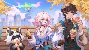 Rule 34 | 1boy, 1girl, absurdres, bench, black hair, bubble tea, building, camera, choker, commentary, dan heng (honkai: star rail), dan heng (hunt) (honkai: star rail), donut, earrings, elf exar, english commentary, flower, food, green eyes, hair between eyes, hashtag-only commentary, highres, honkai: star rail, honkai (series), jacket, jewelry, leaf, long sleeves, march 7th (honkai: star rail), march 7th (preservation) (honkai: star rail), mascot, medium hair, multicolored eyes, off shoulder, open clothes, open jacket, outdoors, pink hair, pom-pom (honkai: star rail), shirt, short hair, single earring, turtleneck, two-tone eyes, zipper