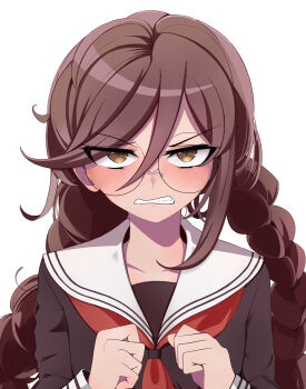 1girl absurdres angry black_shirt blush braid brown_eyes brown_hair chinju-san clenched_hands clenched_teeth collared_shirt commentary_request danganronpa:_trigger_happy_havoc danganronpa_(series) eyelashes fukawa_toko glasses hair_between_eyes highres long_hair long_sleeves looking_at_viewer neckerchief nose_blush red_neckerchief round_eyewear sailor_collar shirt simple_background solo teeth twin_braids twintails white_background white_sailor_collar