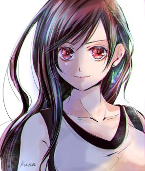 Rule 34 | 1girl, artist name, bare shoulders, black hair, black sports bra, brown hair, closed mouth, collarbone, commentary, earrings, final fantasy, final fantasy vii, final fantasy vii remake, hair behind ear, jewelry, lipgloss, long hair, looking at viewer, red eyes, runa (ren rainfall), single earring, single sidelock, solo, sports bra, suspenders, swept bangs, tank top, teardrop earrings, tifa lockhart, upper body, white background, white tank top