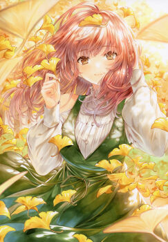 1girl autumn_leaves brown_hair closed_mouth clothing_cutout commentary_request cowboy_shot dress floating_hair ginkgo_leaf green_dress hand_in_own_hair hands_up highres holding holding_leaf leaf long_hair long_sleeves looking_at_viewer machinaga_yuzuru marker_(medium) original pink_hair shirt shoulder_cutout single_bare_shoulder sleeveless sleeveless_dress smile solo standing straight-on traditional_media white_shirt wind wispy_bangs