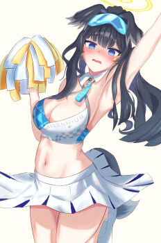 1girl absurdres animal_ears black_hair blue_archive blue_eyes bluetaku blush breasts cheerleader dog_ears dog_girl dog_tail goggles goggles_on_head halo hibiki_(blue_archive) hibiki_(cheer_squad)_(blue_archive) highres holding holding_pom_poms long_hair looking_at_viewer millennium_cheerleader_outfit_(blue_archive) navel official_alternate_costume open_mouth pom_pom_(cheerleading) pom_poms simple_background skirt solo star_(symbol) star_sticker sticker sticker_on_face tail white_background yellow_halo