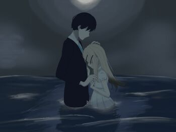 1boy 1girl absurdres black_hair black_jacket black_suit blonde_hair blue_necktie closed_mouth collared_shirt commentary_request cowboy_shot dress dress_shirt faceless faceless_female faceless_male facing_down flipped_hair formal_clothes gakuen_idolmaster gradient_hair grey_hair grey_sky hair_ornament hairclip hand_on_another's_head harubaru_2424 highres holding_hands horizon idolmaster jacket leaning_on_person long_hair moon moonlight multicolored_hair necktie night ocean parallel_hairclips parted_lips partially_submerged producer_(idolmaster) puffy_short_sleeves puffy_sleeves shinosawa_hiro shirt short_hair short_sleeves sky suit suit_jacket wet white_dress white_shirt