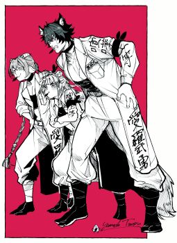 03_kyv 1boy 2girls animal_ears braid braided_twintails cargo_pants coat crossed_arms dog_boy dog_ears full_body goat_ears goat_girl goat_horns grey_scales highres horns ju_fufu komano_manato leaf_in_mouth lucia_elowen multiple_girls muscular muscular_male pants red_background scar scar_across_eye scar_on_chest scar_on_face smile striped_fur striped_hair tail tiger_ears tiger_girl tiger_stripes tiger_tail zenless_zone_zero