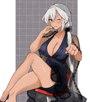 1girl alternate_costume alternate_hairstyle black_dress black_nails blush breasts cleavage commentary_request crossed_legs dark-skinned_female dark_skin dress grey-framed_eyewear hair_between_eyes highres jewelry kantai_collection large_breasts long_hair looking_at_viewer musashi_(kancolle) rectangular_eyewear red_eyes ring semi-rimless_eyewear sitting smile solo under-rim_eyewear wedding_ring white_hair yunamaro
