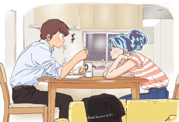 1boy 1girl aged_up beer_can black_pants blue_hair blue_pants brown_hair can chopsticks couple dishes drink_can eating food from_side holding holding_chopsticks indoors kitchen looking_at_another lum miyuki_(hoshikuzumiyuki) moroboshi_ataru pants plate shirt short_hair sitting striped_clothes striped_shirt urusei_yatsura white_shirt