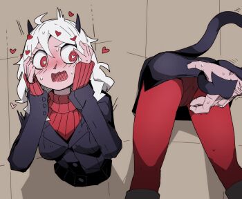 1boy 1girl arm_hair ass black_horns black_jacket blush boots demon demon_girl demon_horns demon_tail hands_on_own_face heart heart-shaped_pupils helltaker helltaker_(character) highres horns jacket modeus_(helltaker) nns_(sobchan) panties red_eyes red_panties red_sweater red_thighhighs stuck sweat sweater symbol-shaped_pupils tail tail_wrap thighhighs through_wall underwear white_hair