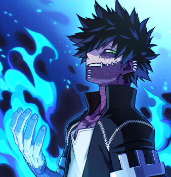 1boy alternate_eye_color black_hair black_jacket blue_fire boku_no_hero_academia burn_scar cel_shading cheek_piercing commentary_request dabi_(boku_no_hero_academia) ear_piercing embers face_piercing fingernails fire from_side green_eyes grin hair_over_one_eye hand_up hatsuta high_collar jacket looking_at_viewer looking_to_the_side male_focus multiple_piercings multiple_scars partial_commentary piercing profile pyrokinesis scar scar_on_face scar_on_neck shirt short_hair short_sleeves sideways_glance smile solo spiked_hair t-shirt upper_body white_shirt