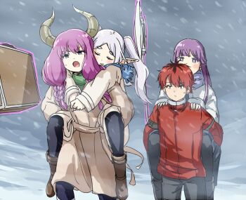 Rule 34 | 1boy, 3girls, aura (sousou no frieren), axe, blush, boots, braid, brown boots, brown jacket, carrying, closed eyes, commentary, demon horns, elf, fern (sousou no frieren), frieren, grey eyes, horns, jacket, long hair, multiple girls, outdoors, piggyback, pointy ears, purple eyes, purple hair, red hair, red jacket, short hair, snow, snowing, sousou no frieren, stark (sousou no frieren), suitcase, telekinesis, torako (toramaru), twintails, white hair, white jacket