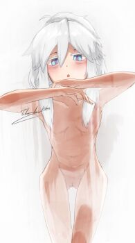 1girl against_glass artist_name bags_under_eyes blue_eyes breasts deux_murasame female_focus freckles gundam gundam_gquuuuuux highres loli long_hair looking_at_viewer navel nipples nude ponytail pussy ribs shower_(place) skinny small_breasts solo uncensored white_hair