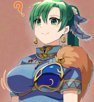 1girl ? blush bouncing_breasts breasts cape closed_mouth clueless dress earrings fire_emblem fire_emblem:_the_blazing_blade fire_emblem_heroes from_below fur_cape green_eyes green_hair high_ponytail jewelry large_breasts long_hair lowres lyn_(brave_lady)_(fire_emblem) lyn_(fire_emblem) motion_lines nintendo official_alternate_costume ponytail shira_yu_ki smile solo upper_body very_long_hair
