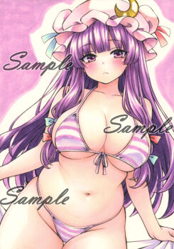 1girl alternate_breast_size_(larger) alternate_costume bikini blue_bow blush bow breasts cleavage closed_mouth collarbone commentary_request crescent crescent_hat_ornament curvy hair_bow hat hat_ornament holding large_breasts long_hair looking_at_viewer miyakooo0420 mob_cap multicolored_bikini multiple_hair_bows navel patchouli_knowledge pink_hat plump purple_bikini purple_eyes purple_hair red_bow sample_watermark solo stomach striped_bikini striped_clothes swimsuit thick_thighs thighs touhou traditional_media two-tone_bikini watermark white_bikini wide_hips