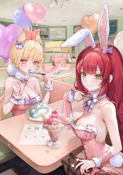 >_< 3girls absurdres alice_thymefield alternate_costume animal_ear_hairband animal_ears balloon blonde_hair blush breasts detached_collar detached_sleeves fake_animal_ears green_eyes hairband heart_balloon heterochromia highres holding holding_spoon indoors leotard long_hair malsuk medium_breasts milkshake multiple_girls pink_leotard rabbit_ear_hairband rabbit_ears red_hair smile sparkling_eyes spoon strapless strapless_leotard tanuki ukinami_yuzuha wrist_cuffs zenless_zone_zero zhao_(zenless_zone_zero)