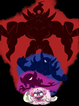 Rule 34 | aoi (comical highway), closed eyes, commentary request, dynamax, egg, eggshell, evolutionary line, fangs, gen 8 pokemon, gigantamax, gigantamax grimmsnarl, grimmsnarl, highres, impidimp, morgrem, nintendo, open mouth, pointy ears, pokemon, pokemon (creature), pokemon egg, pokemon focus, sitting, tongue, tongue out