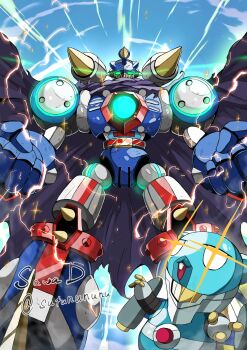 Rule 34 | armor, artist name, black cape, blue armor, cape, clenched hands, digimon, digimon (creature), espimon, evolutionary line, glowing, glowing eyes, green eyes, highres, humanoid robot, invisimon, mecha, robot, sawa d, solo focus, twitter username