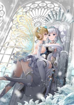 2girls absurdres backless_outfit blonde_hair blue_eyes blue_hair breasts colored_inner_hair commentary_request detached_sleeves dress drill_hair drill_sidelocks elbow_gloves fairy_wings gloves highres indoors long_hair medium_breasts multicolored_hair multiple_girls open_mouth original pointy_ears red_eyes sidelocks sitting_on_throne smile stirrup_legwear sword thighhighs thighs throne throne_room tiara toeless_legwear twintails wanderlucia weapon white_dress white_hair white_thighhighs window wings yuri