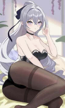 1girl absurdres alternate_costume ass bare_shoulders black_choker black_leotard black_pantyhose breasts bronya_zaychik bronya_zaychik_(silverwing:_n-ex) choker cleavage commentary_request drill_hair grey_eyes grey_hair highres honkai_(series) honkai_impact_3rd large_breasts leotard long_hair looking_at_viewer lying on_side pantyhose solo very_long_hair yomo_(mochiyomo4646)