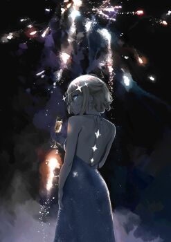 1girl absurdres alcohol back bare_shoulders blonde_hair blue_dress blue_eyes champagne commentary dress english_commentary fireworks hair_ornament highres kaneko_lumi looking_back new_year phase_connect pupi_(rain_prophet) star_(symbol) star_hair_ornament virtual_youtuber