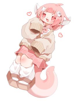 1girl :3 absurdres bandaid bandaid_on_head brown_cardigan brown_shoes cardigan commentary dragon_girl english_commentary fang full_body hair_ornament hand_up heart highres horns kneehighs light_blush lizard_tail long_hair long_sleeves looking_at_viewer low_horns mary_janes nikamoka open_mouth original pink_eyes pink_hair pink_sailor_collar pink_serafuku pink_skirt pleated_skirt sailor_collar school_uniform serafuku shirt shoes sidelocks simple_background skirt skull_hair_ornament sleeves_past_fingers sleeves_past_wrists socks solo standing tail white_background white_horns white_shirt white_socks