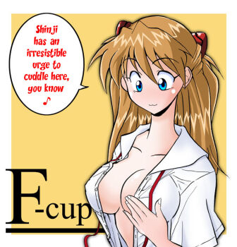 1girl :3 blue_eyes blush breasts female_focus hetano_yokoduki large_breasts long_hair neon_genesis_evangelion open_clothes open_shirt shirt solo souryuu_asuka_langley translated