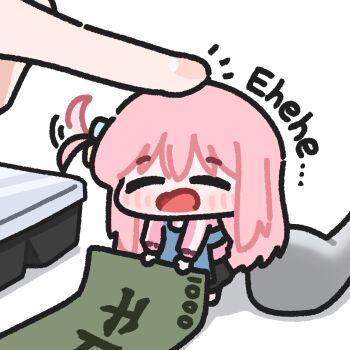 1girl apron banknote barcode barcode_scanner blush bocchi_the_rock! chibi closed_eyes english_text gotoh_hitori headpat highres lulalang mini_person minigirl money pink_hair solo_focus speech_bubble