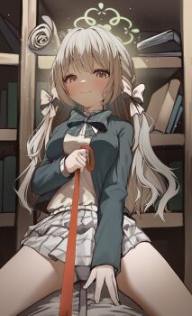 Rule 34 | 1girl, absurdres, black bow, black bowtie, black jacket, blazer, blue archive, blush, book, bow, bowtie, braid, breasts, closed mouth, collared shirt, commentary request, dress shirt, green halo, grey hair, grey skirt, hair between eyes, hair bow, hair intakes, hair ribbon, halo, highres, holding, holding leash, jacket, leash, long hair, long sleeves, looking at viewer, medium breasts, medium skirt, miyo (blue archive), nomi (gpjg7877), panties, plaid clothes, plaid skirt, pleated skirt, ribbon, ribbon braid, ringed eyes, school uniform, scroll, shirt, skirt, smile, solo, underwear, very long hair, wavy hair, white bow, white panties, white ribbon, white shirt, yellow eyes