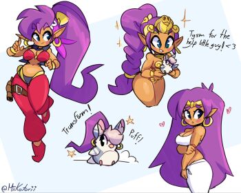 1girl bare_shoulders bikini bird blue_eyes blush bra bracelet breasts cleavage dark-skinned_female dark_skin headband heart highres jewelry looking_to_the_side miikotorii multi-tied_hair pajamas pants pointy_ears shantae shantae_(series) shantae_and_the_pirate's_curse sleeveless swimsuit teeth thigh_strap underwear wide_hips