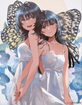 2girls black_eyes black_hair breasts butterfly_wings cleavage closed_mouth commentary_request dress fly_(marguerite) hair_between_eyes highres holding_hands insect_wings interlocked_fingers long_hair medium_breasts multiple_girls open_mouth original white_background white_dress wings yuri