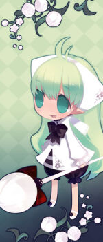 Rule 34 | 1girl, argyle background, black bow, black bowtie, black shorts, bow, bowtie, chibi, chibi only, commentary request, flower, frilled sleeves, frills, green eyes, green hair, holding, holding staff, long sleeves, mary janes, open mouth, original, pointy ears, puti devil, shirt, shoes, shorts, smile, solo, staff, tareme, white flower, white shirt, white shoes