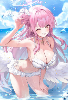 1girl angel_wings beach bikini blue_archive blush breasts cano852 cleavage collarbone commentary feathered_wings frilled_bikini frills halo hand_on_own_thigh highres large_breasts leaning_forward long_hair looking_at_viewer low_wings mika_(blue_archive) mika_(swimsuit)_(blue_archive) official_alternate_costume official_alternate_hairstyle one_eye_closed pink_hair pink_halo smile solo sweat swimsuit teeth very_long_hair water wet white_bikini white_wings wings yellow_eyes