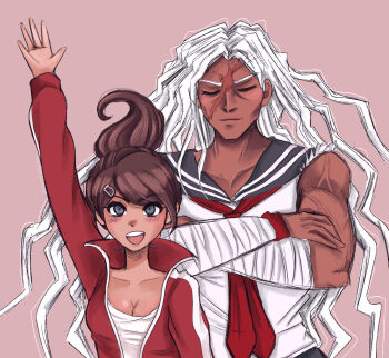 2girls arm_up asahina_aoi axolotl-anne bandaged_arm bandages blue_eyes blue_sailor_collar blush breasts brown_hair cleavage closed_eyes collarbone collared_shirt commentary crossed_arms danganronpa:_trigger_happy_havoc danganronpa_(series) dark-skinned_female dark_skin english_commentary eyelashes hair_ornament hairclip jacket long_hair long_sleeves multiple_girls muscular muscular_female necktie ogami_sakura open_clothes open_jacket open_mouth pink_background ponytail red_jacket red_necktie sailor_collar scar scar_on_face shirt simple_background smile tan teeth torn_clothes torn_sleeves upper_body upper_teeth_only veins white_hair white_shirt