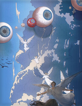 6+boys absurdres angel angel_wings bird blue_sky cloud cloudy_sky commentary english_commentary eyeball feathered_wings highres long_hair mikasamu multiple_boys original short_hair sky white_wings wings